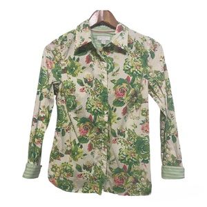 Charter Club Floral Print Contrast Cuff Button Down Shirt Womens Size MP Cottage